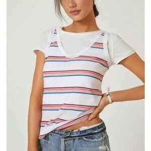 t.la Anthropologie multicolor Striped tank tee shirt v neck Sz s Bohochic Retro